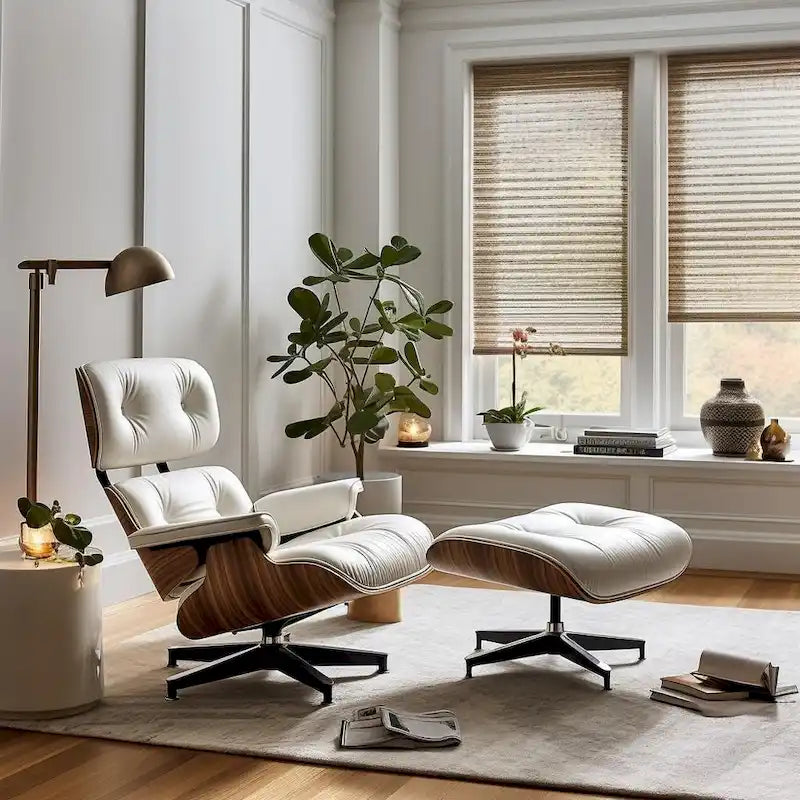 Poltrona relax in pelle stile Mid-Century con poggiapiedi