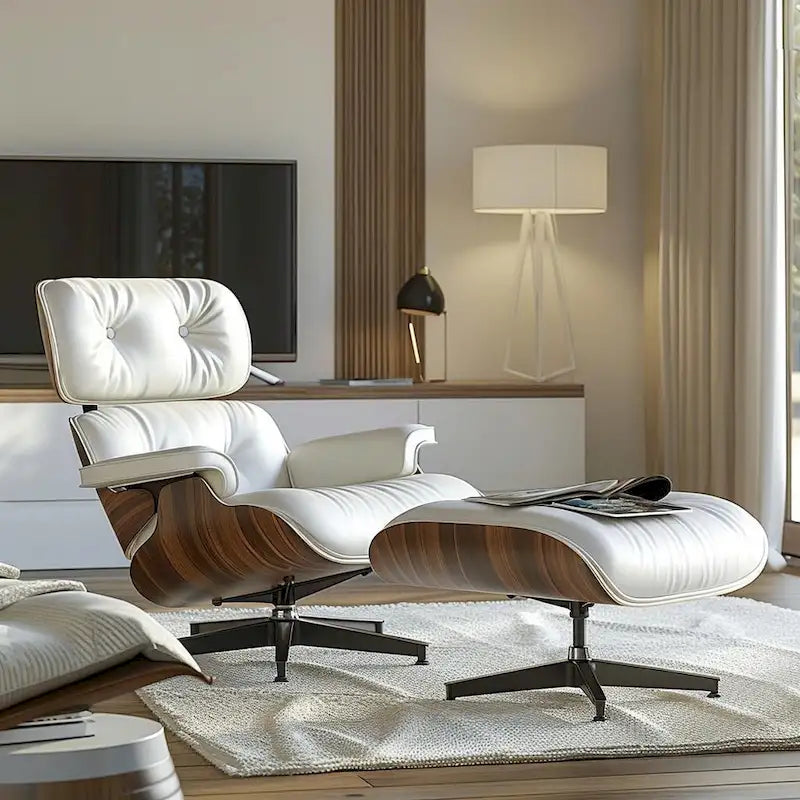 Poltrona relax in pelle stile Mid-Century con poggiapiedi