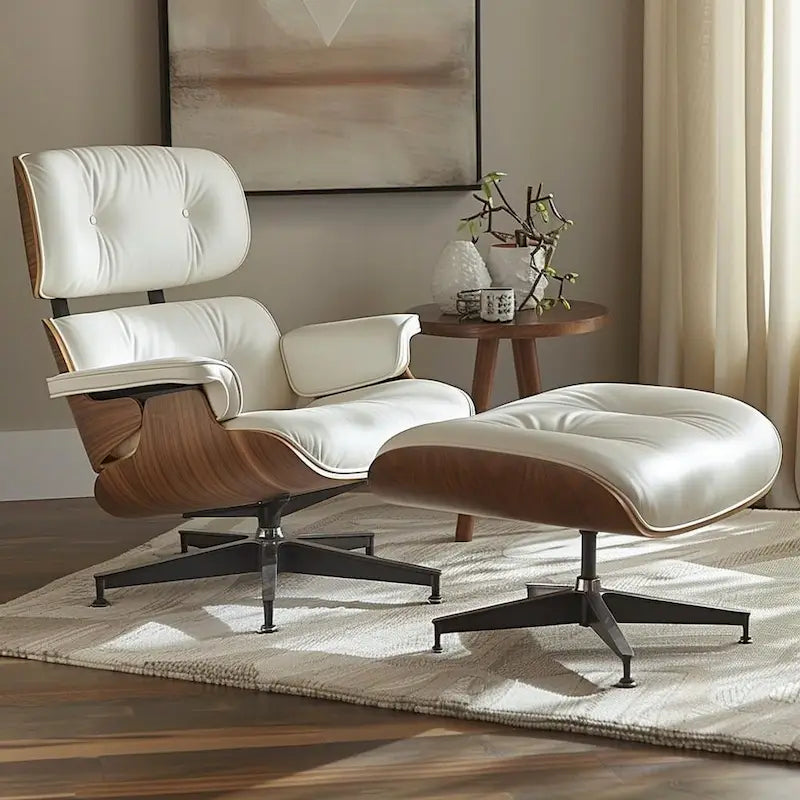 Poltrona relax in pelle stile Mid-Century con poggiapiedi