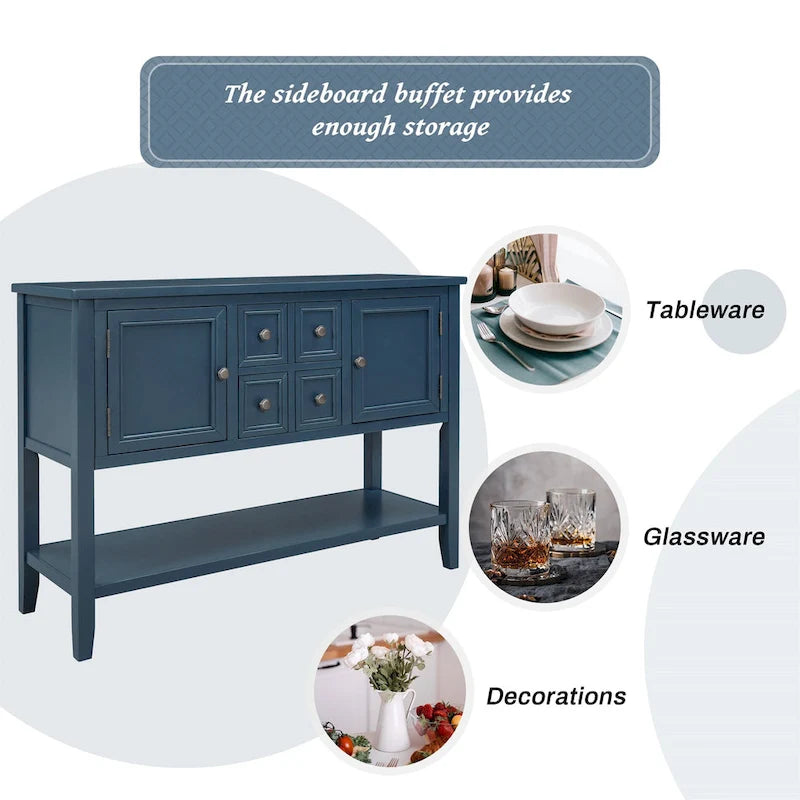 Credenza buffet in legno massello con cassetti, ante e ripiano