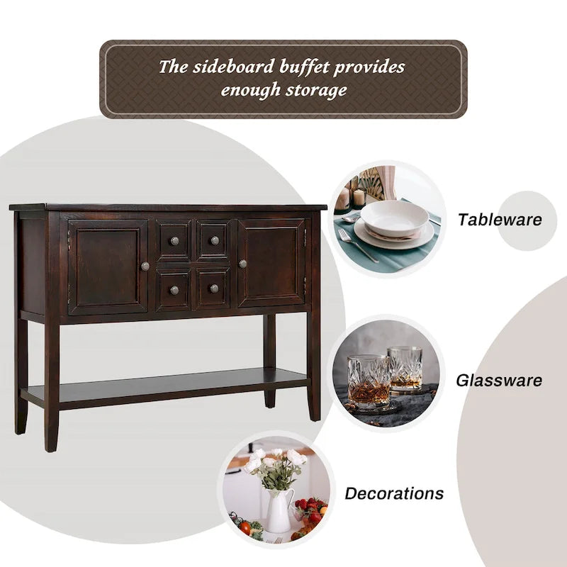 Credenza buffet in legno massello con cassetti, ante e ripiano