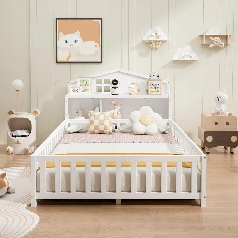 Full-Size Wooden Floor Bed with Bookcase and Chalkboard