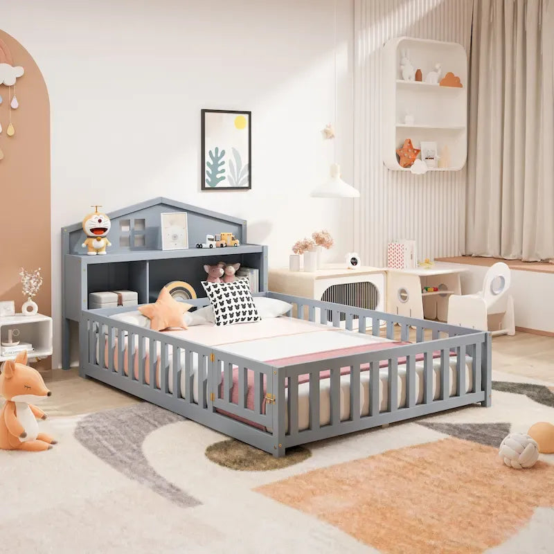 Full-Size Wooden Floor Bed with Bookcase and Chalkboard