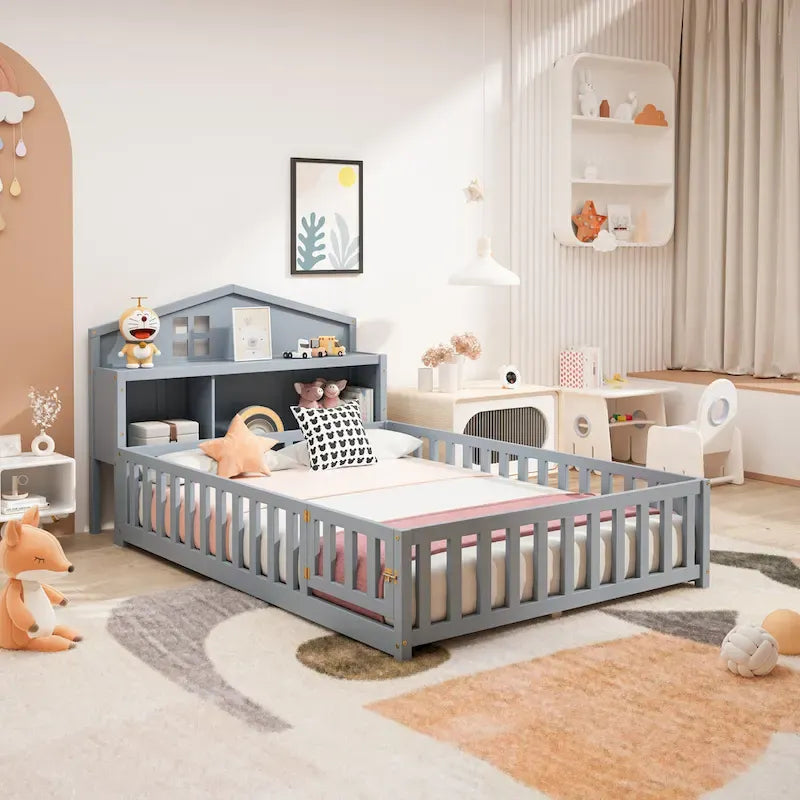 Full-Size Wooden Floor Bed with Bookcase and Chalkboard