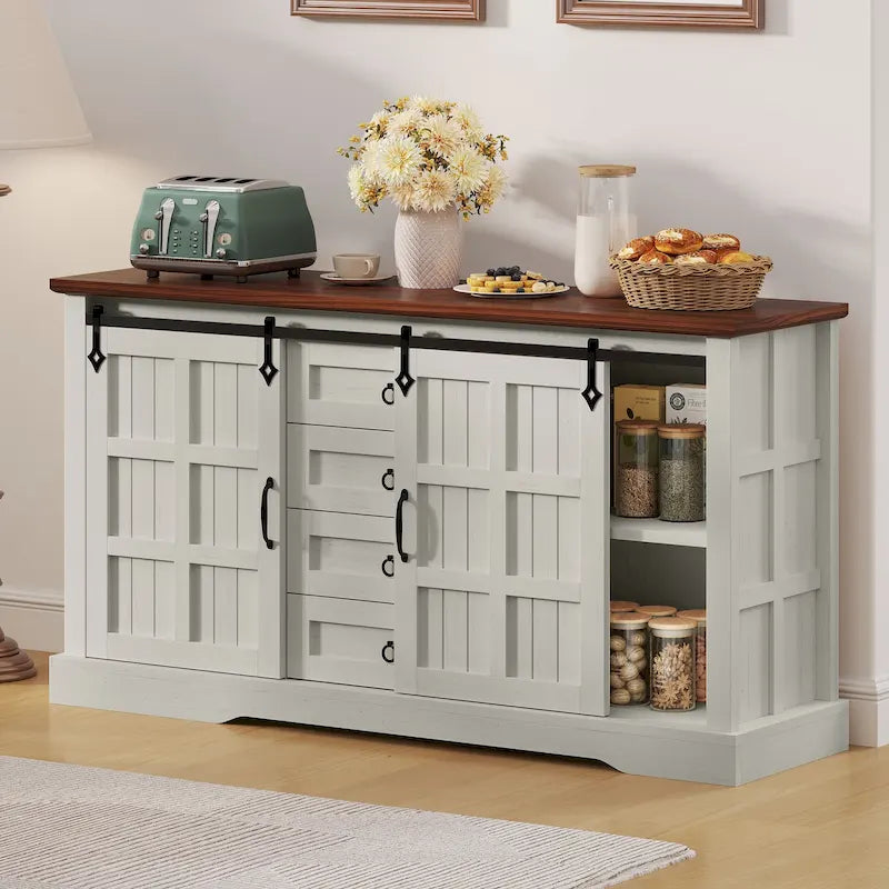 Farmhouse Sideboard Cabinet with Sliding Barn Doors and 4 Drawers