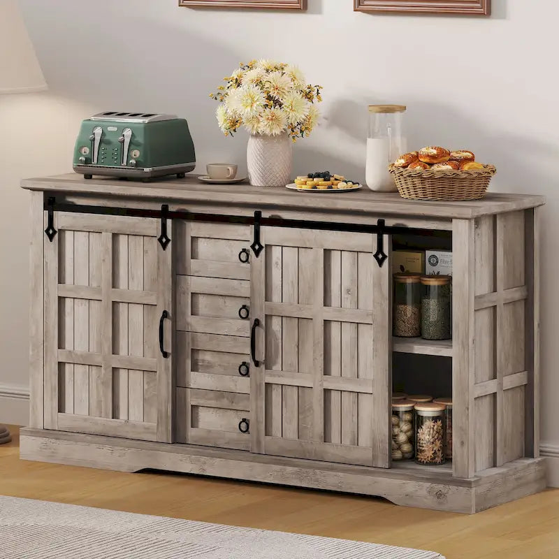 Farmhouse Sideboard Cabinet with Sliding Barn Doors and 4 Drawers