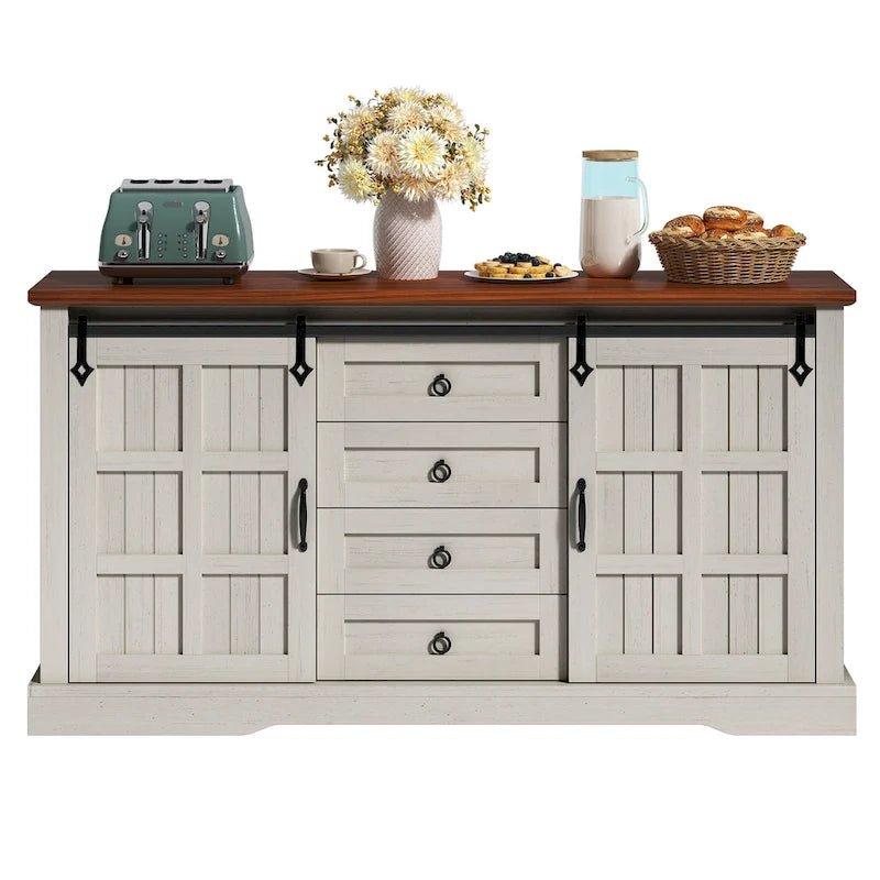 Farmhouse Sideboard Cabinet with Sliding Barn Doors and 4 Drawers